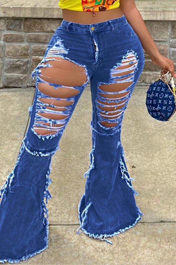 ブルーファッションカジュアルソリッドリップドプラスサイズジーンズ