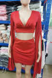 Red Sexy Solid Patchwork Asymmetrical V Neck Long Sleeve Two Pieces