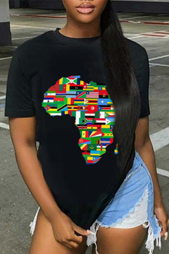 Black Fashion Casual Print Basic O Neck T-Shirts