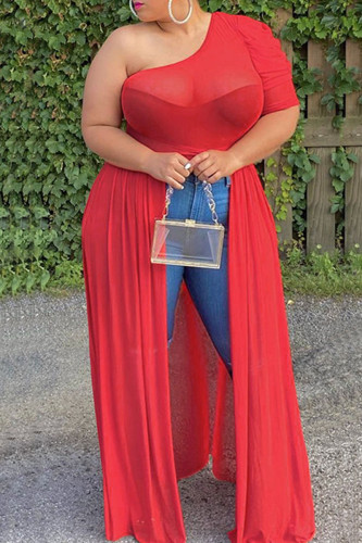 Red Fashion Casual Plus Size Solid See-through Backless Oblique Collar Short Sleeve Dress
