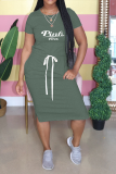 Light Green Casual Print Letter O Neck Waist Skirt Dresses