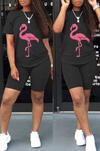Black Casual Print Patchwork O Neck Short Sleeve Two Pieces