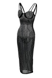 Mode blanche Sexy Hot Drilling See-through Spaghetti Strap Sling Dress