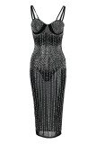 Black Fashion Sexy Hot Drilling Robe transparente à bretelles spaghetti