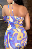Púrpura sexy impresión patchwork un hombro lápiz falda vestidos