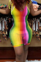 Multicolor Rainbow Fashion Sexy Print Bandage Spaghetti Strap Skinny Bodycon Romper