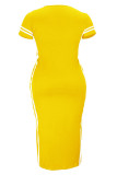 Ginger Fashion Casual Plus Size Solid Patchwork Slit O Neck Short Sleeve Dress (Without Belt)
