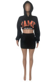Black Orange Fashion Casual Letter Print Basic Hooded Collar Long Sleeve Two Pieces