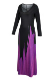 Purple Casual Print Patchwork V Neck Long Sleeve Dresses