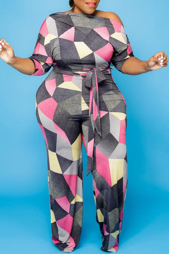 

Pink Fashion Casual Print Basic O Neck Plus Size Jumpsuits