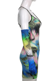 Multicolor Sexy Print Hollowed Out Halter Pencil Skirt Dresses