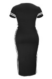 Black Fashion Casual Plus Size Solid Patchwork Slit O Neck Short Sleeve Dress (Without Belt)