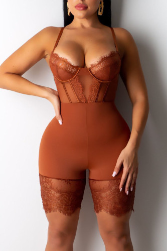 Caramel Colour Sexy Solid Patchwork See-through Spaghetti Strap Skinny Rompers