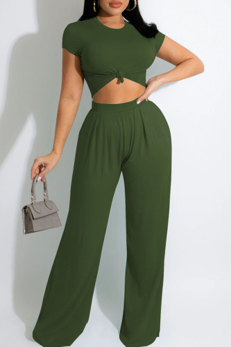 Army Green Fashion Casual Solid Basic O Neck Short Sleeve Two Pieces