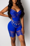 Deep Blue Sexy Solid Patchwork See-through Spaghetti Strap Skinny Rompers