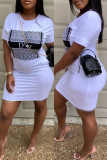 Weiße Mode Casual Print Basic O-Ausschnitt Kurzarm Kleid Kleider