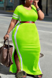 Fluorescent Green Fashion Casual Plus Size Solid Patchwork Slit O Neck Short Sleeve Dress (Without Belt)