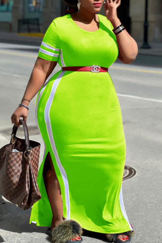 Fluorescent Green Fashion Casual Plus Size Solid Split Joint Slit O Neck Short Sleeve Dress (Without Belt)