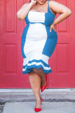 ライトブルー カジュアル ソリッド パッチワーク フラウンス スクエア カラー ストレート プラス サイズ ドレス