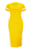 Абрикосовое модное повседневное платье больших размеров в стиле пэчворк с разрезом и круглым вырезом с короткими рукавами (без пояса)