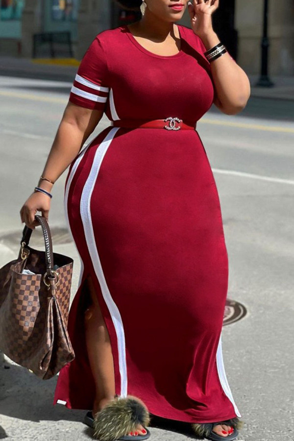 Бордовое модное повседневное платье больших размеров в стиле пэчворк с разрезом и круглым вырезом с короткими рукавами (без пояса)