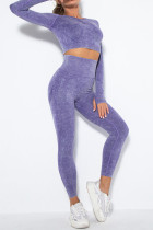 Пурпурный Повседневная спортивная одежда С принтом Пэчворк О-образный вырез Длинный рукав Из двух частей