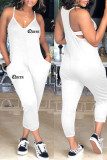 White Sexy Casual Letter Print Backless Spaghetti Strap Regular Jumpsuits