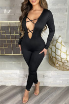 Zwarte sexy casual effen uitgeholde rugloze skinny jumpsuits met V-hals