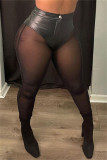 Zwarte mode sexy patchwork doorschijnende skinny hoge taille potloodbroek