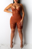 Couleur Caramel Sexy Solide Patchwork Transparent Spaghetti Sangle Barboteuses Skinny