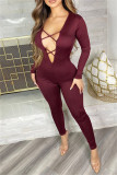 Brownness Sexy Casual solide évidé dos nu V Neck Skinny Jumpsuits