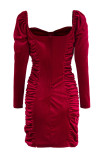 レッド セクシー ソリッド パッチワーク フォールド スクエア カラー ワンステップ スカート ドレス