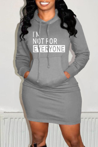 Grey Fashion Casual Letter Print Basic Hooded Collar Long Sleeve Dresses