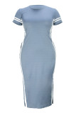 パープルファッションカジュアルプラスサイズソリッドパッチワークスリットOネック半袖ドレス(ベルトなし)