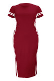 Burgundy Fashion Casual Plus Size Solid Patchwork Slit O Neck Short Sleeve Dress (Without Belt)
