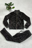 Negro moda casual patchwork lentejuelas cremallera cuello manga larga dos piezas