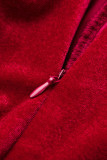 Rode sexy effen patchwork vouw vierkante kraag eenstaps rokjurken