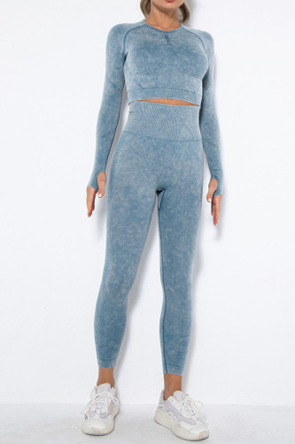 Blue Casual Sportswear Print Patchwork O Neck Long Sleeve Two Pieces