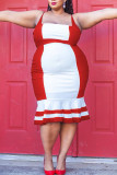 Rode casual effen patchwork volant vierkante kraag rechte grote maten jurken