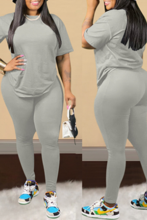 Grey Sexy Solid Split Joint O Neck Plus Size