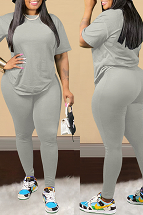 Grey Sexy Solid Patchwork O Neck Plus Size