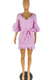 ピンクカジュアルストライププリント包帯パッチワークフラウンスVネックワンステップスカートドレス