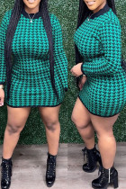 Vestidos de saia única com estampa xadrez casual turquesa e decote em patchwork