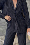 Black Casual Solid Patchwork Buckle Fold Turndown Collar Long Sleeve Two Pieces