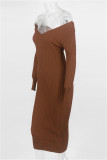 Vestidos de manga larga con cuello en V básicos sólidos casuales de moda marrón