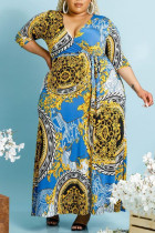 ブルーイエローファッションカジュアルプリントベーシックVネックプラスサイズのドレス
