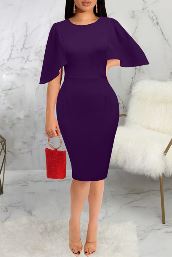 Фиолетовое модное повседневное однотонное базовое платье с круглым вырезом и коротким рукавом