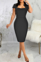 ブラックファッションカジュアルソリッドベーシック半袖ドレス