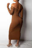 Brown Fashion Casual Solid Basic V-Ausschnitt Langarm-Kleider