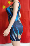 Голубое сексуальное повседневное платье с круглым вырезом и принтом